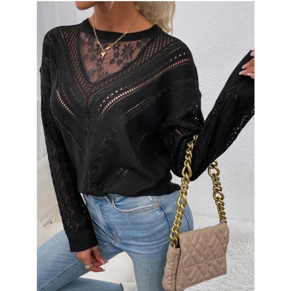 Lace Detail Black Knit Long Sleeve Light Sweater Top - Picture 2 of 11